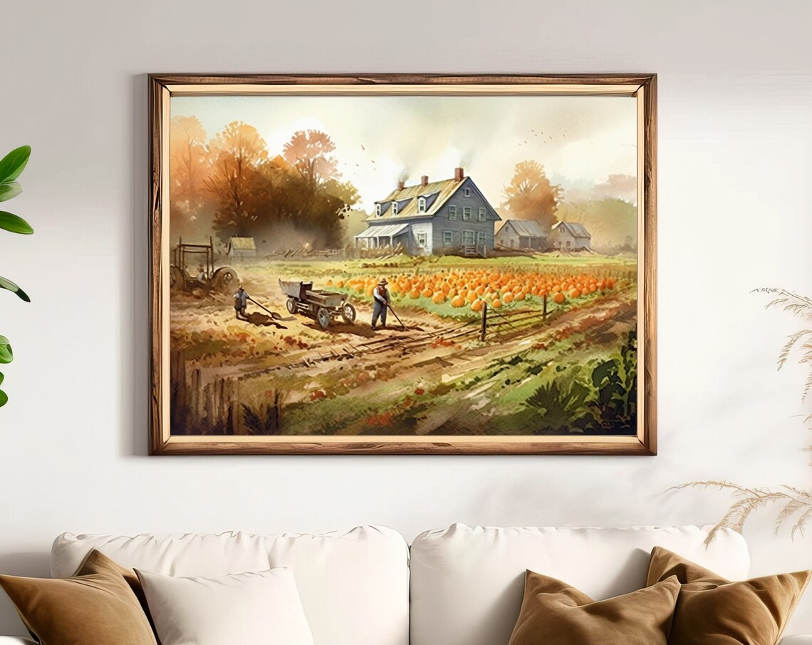 Farmers Harvesting Pumpkins at a Country Farmhouse Vintage Art Poster