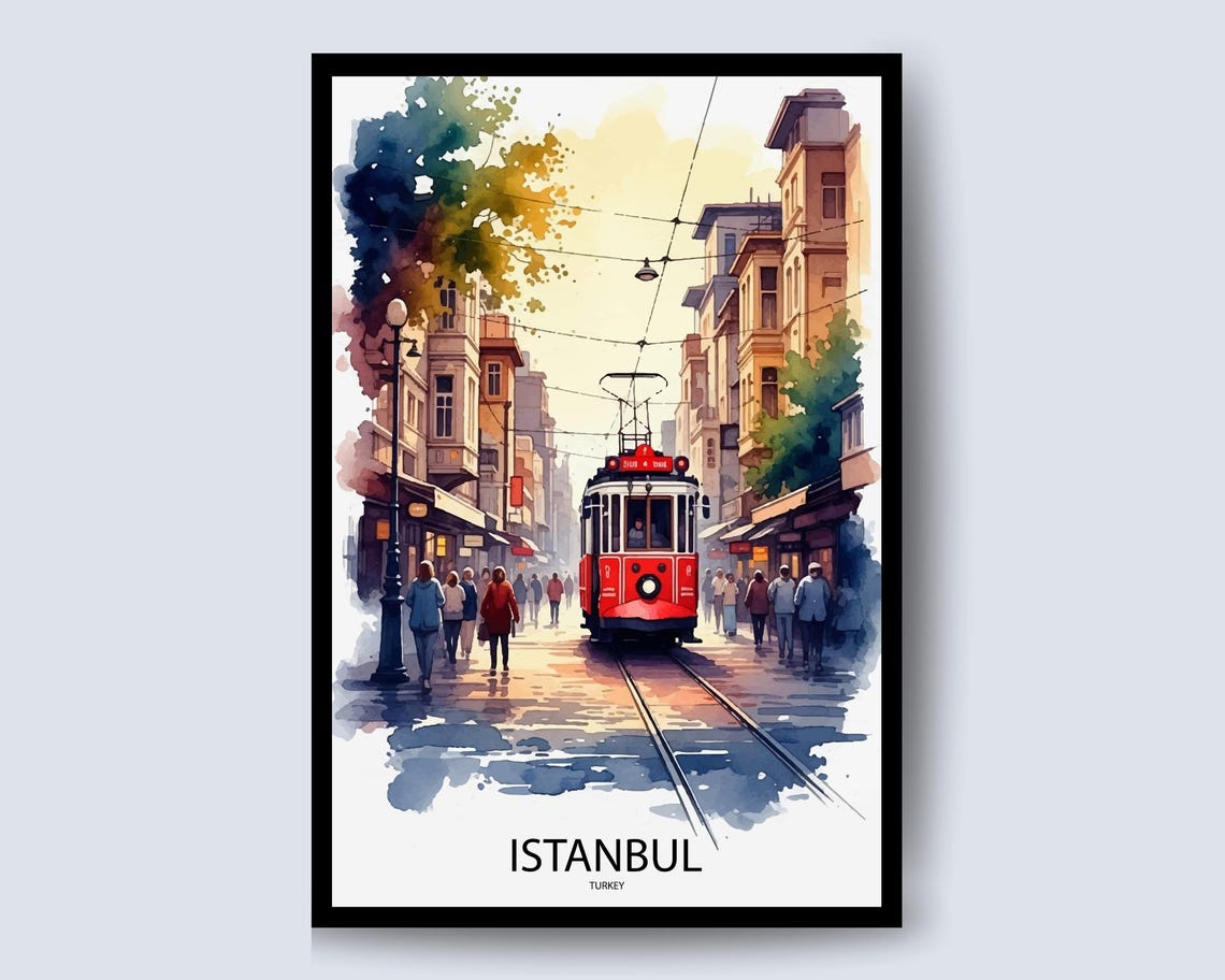 Istanbul Turkey Red Tram Nostalgic Street Watercolor Travel Poster
