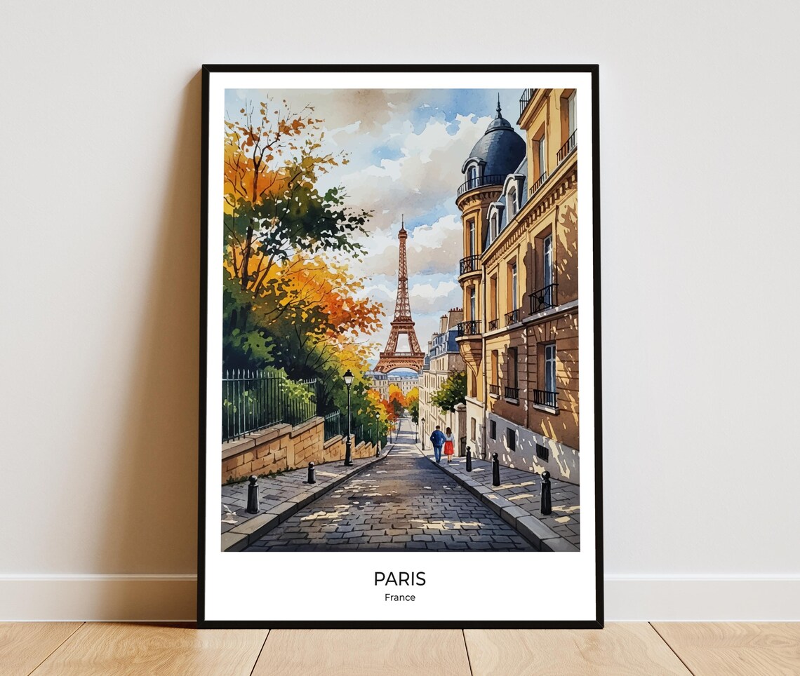 Paris Autumn Street Eiffel Tower Watercolor France Travel Poster