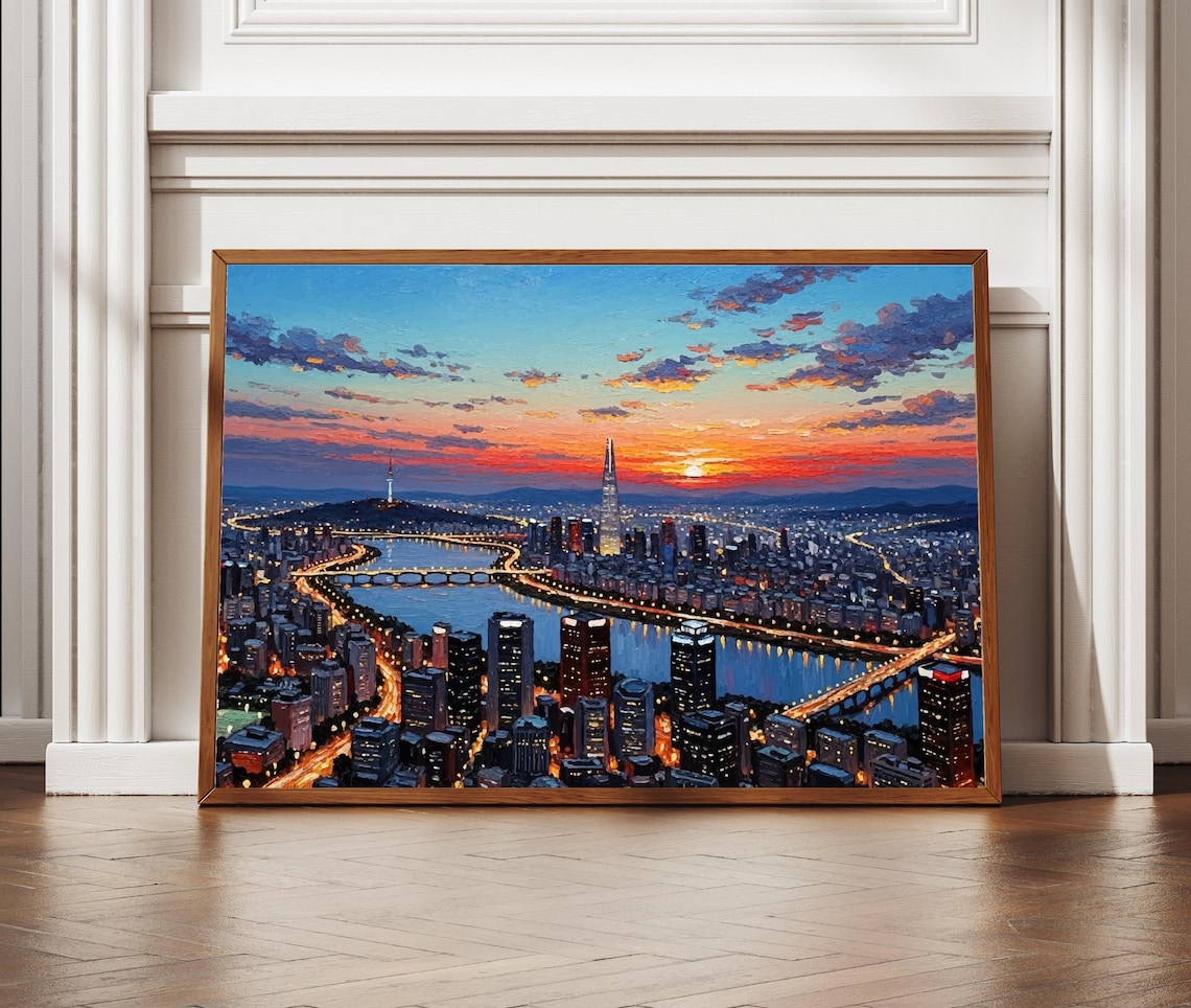 Seoul Skyline Sunset Han River Lotte Tower Oil Painting Wall Poster