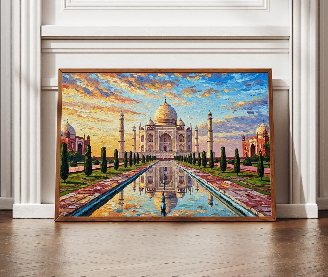 Taj Mahal Sunset India Agra Textured Oil Painting Travel Poster
