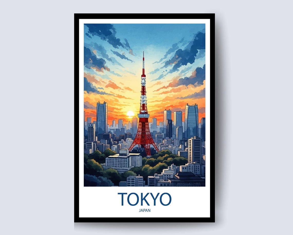 Tokyo Tower Japan Sunset Skyline City with Skyscrapers Travel Poster