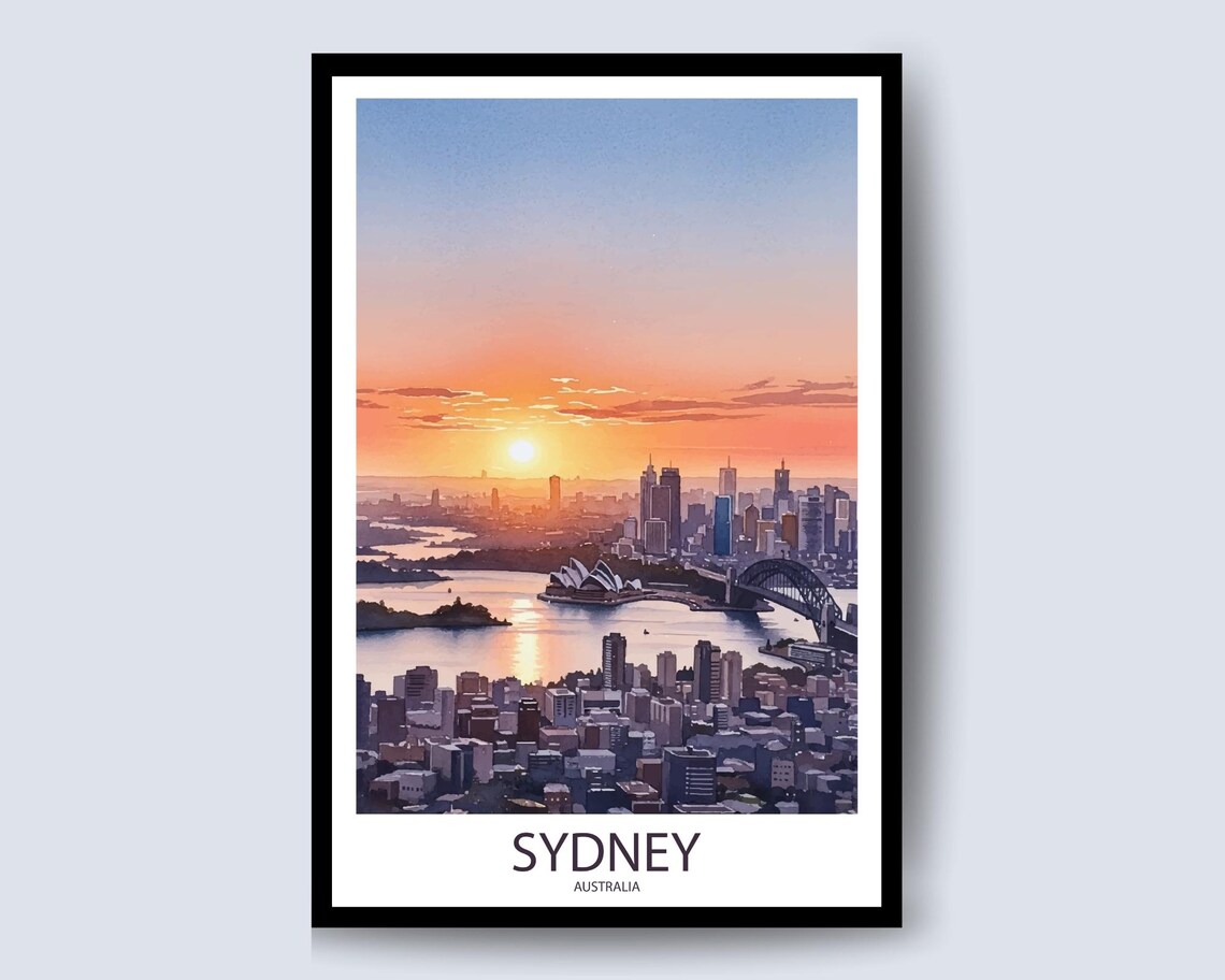Sydney Australia Sunset Panorama Travel Poster Harbor Skyline Art