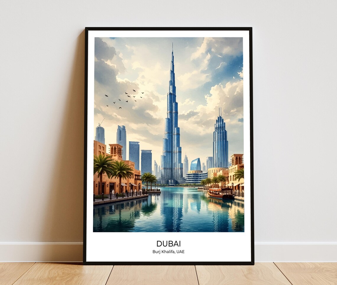 Stunning Dubai Burj Khalifa UAE Waterfront Watercolor Travel Poster