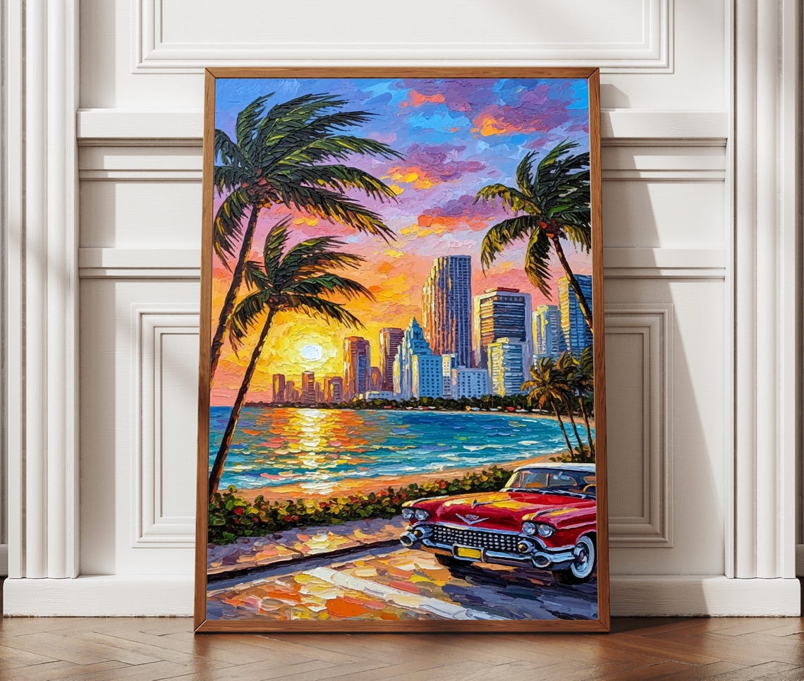 Miami Beach Sunset Skyline Palms And Red Classic Car Oil Poster