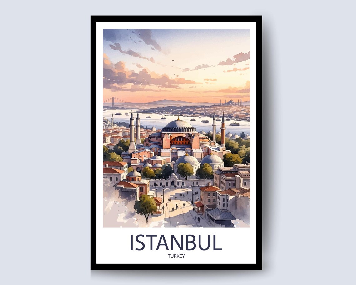 Istanbul Turkey Hagia Sophia Watercolor Mosque Golden Hour Art Poster