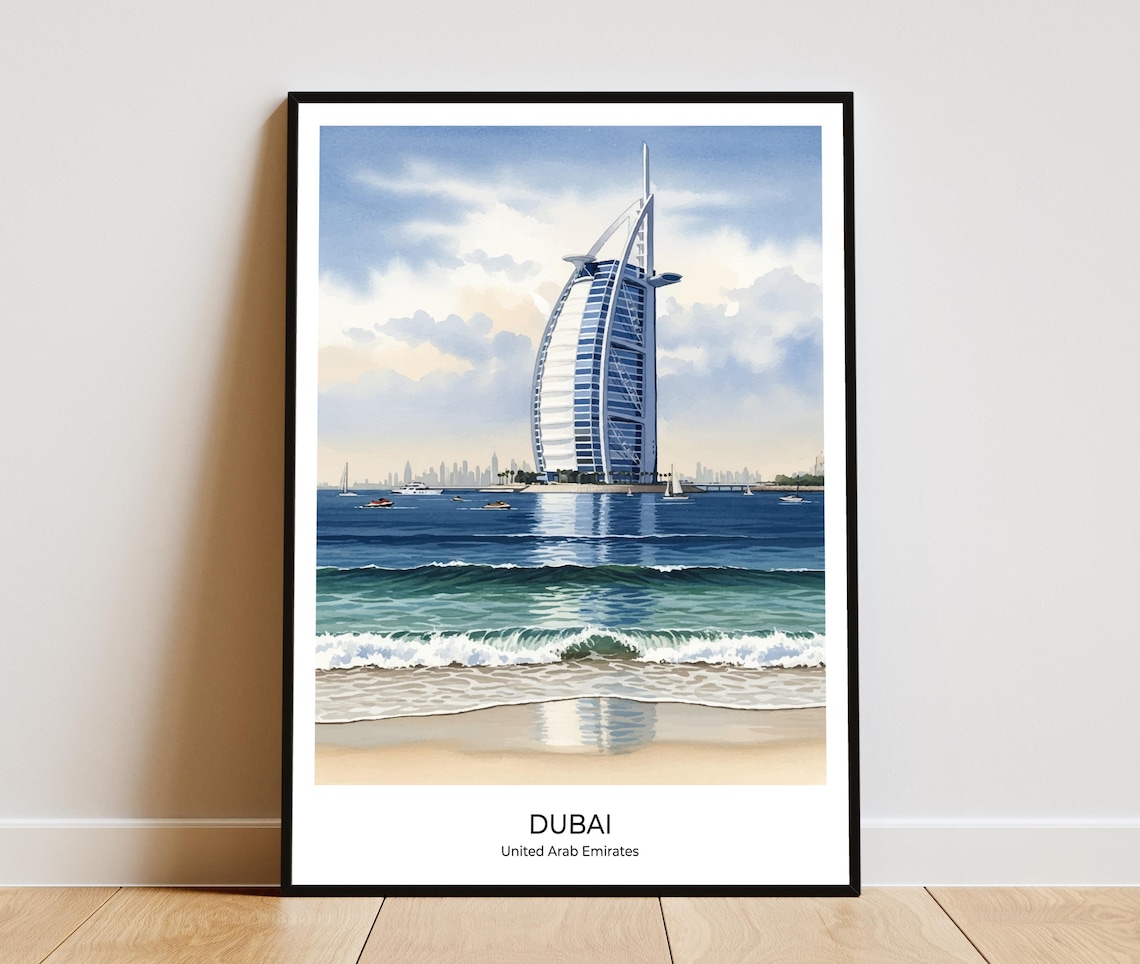 Dubai Burj Al Arab Sail Hotel Beach Watercolor Travel Poster