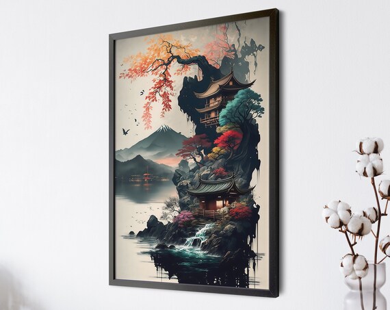 Japanese Watercolor Floating Island Pagoda Mount Fuji Autumn Wall Art
