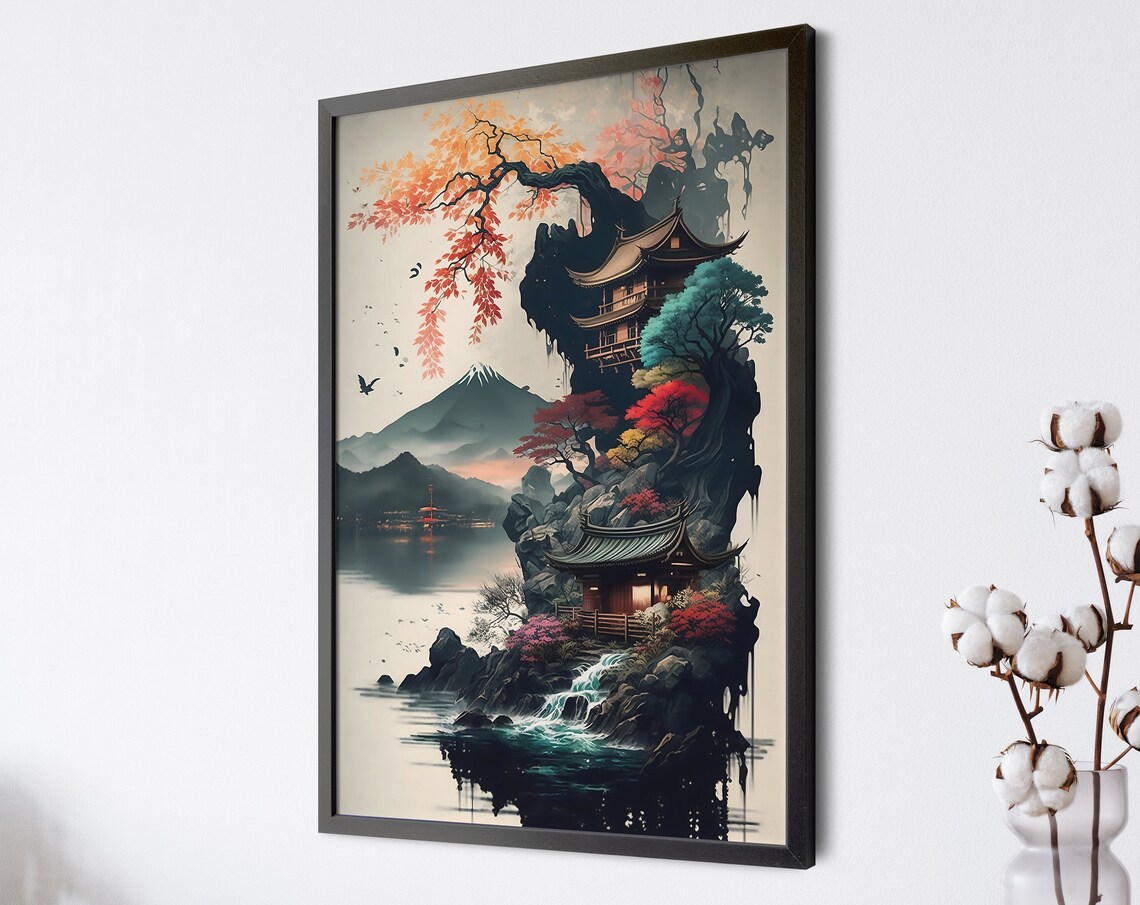 Japanese Watercolor Floating Island Pagoda Mount Fuji Autumn Wall Art