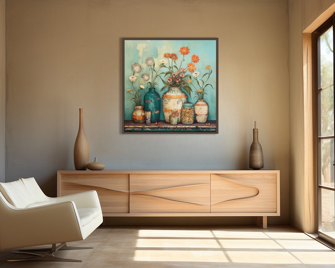 Vintage Eclectic Flower Pots Teal Orange Boho Floral Still Life Poster - Image 2