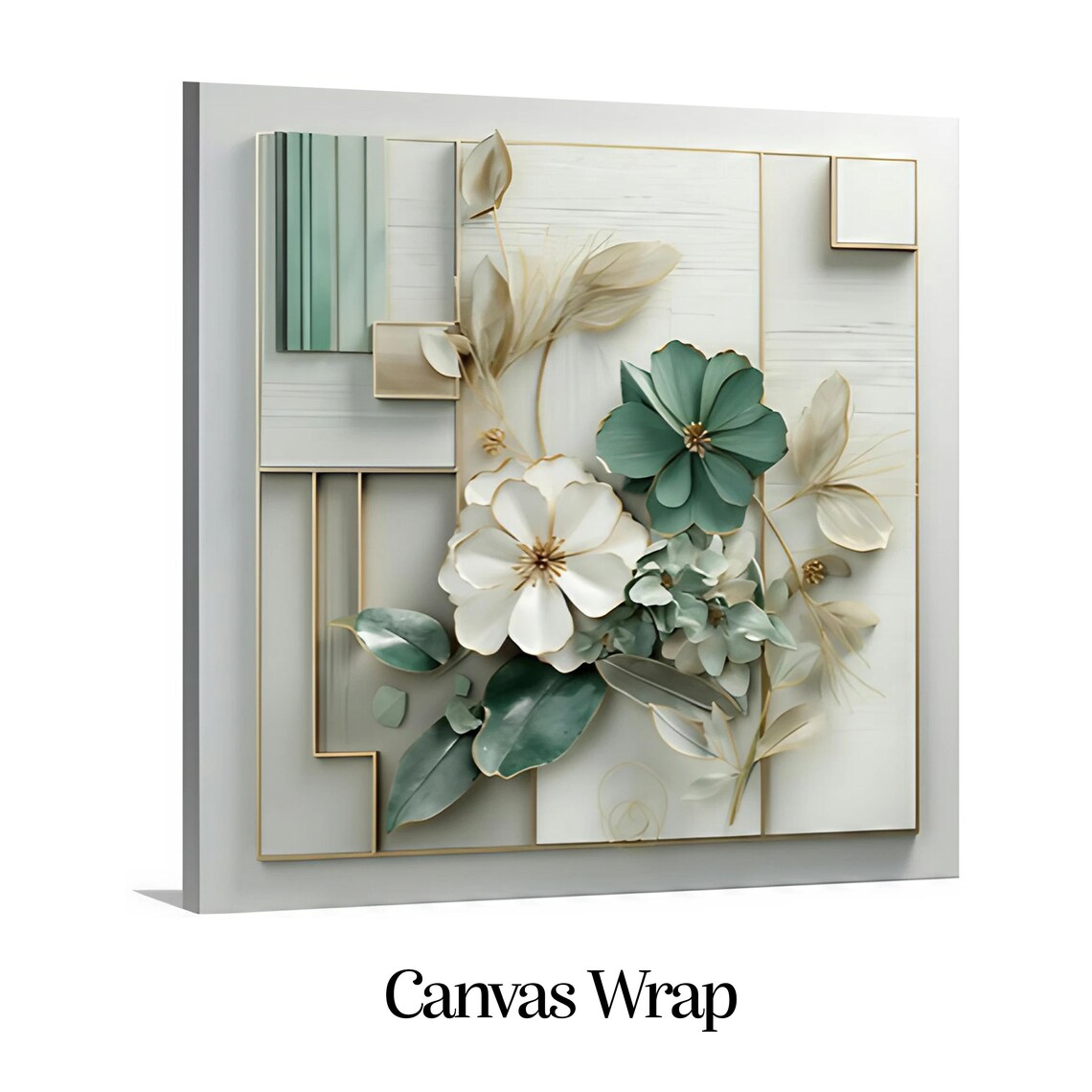 Elegant White Teal 3D Flowers Gold Geometric Minimalist Floral Poster - Image 2