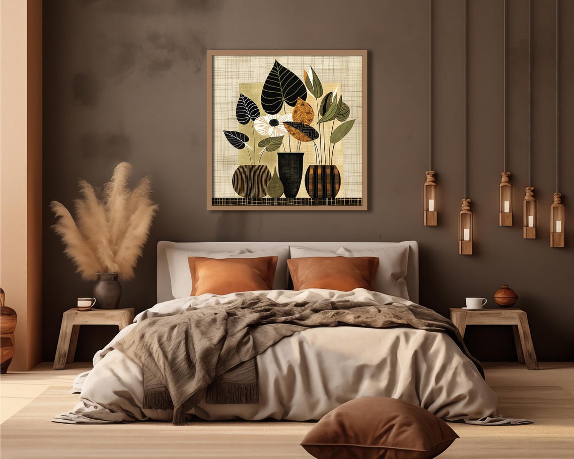 Mid Century Modern Botanical Black Vases Stylized Leaves Art Poster - Image 3