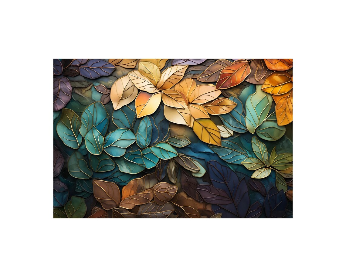 Abstract Leaf Art Print, Green Brown Gold Teal - Image 4