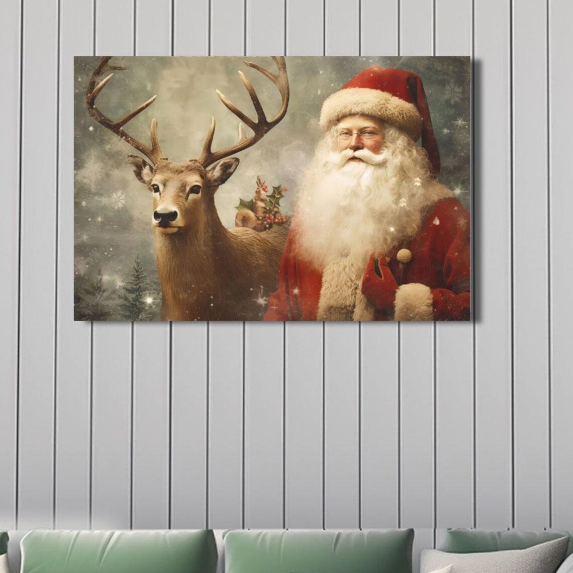 Vintage Santa Claus and Reindeer Christmas Portrait Scene Poster