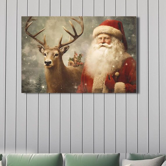 Vintage Santa Claus and Reindeer Christmas Portrait Scene Poster
