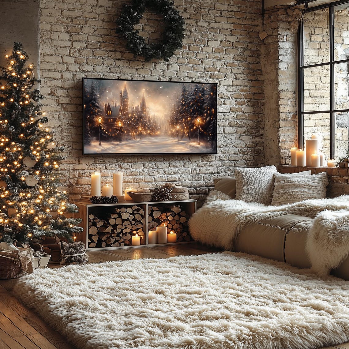 Snowy Castle Village with Glowing Lanterns Winter Frame TV Poster - Image 2