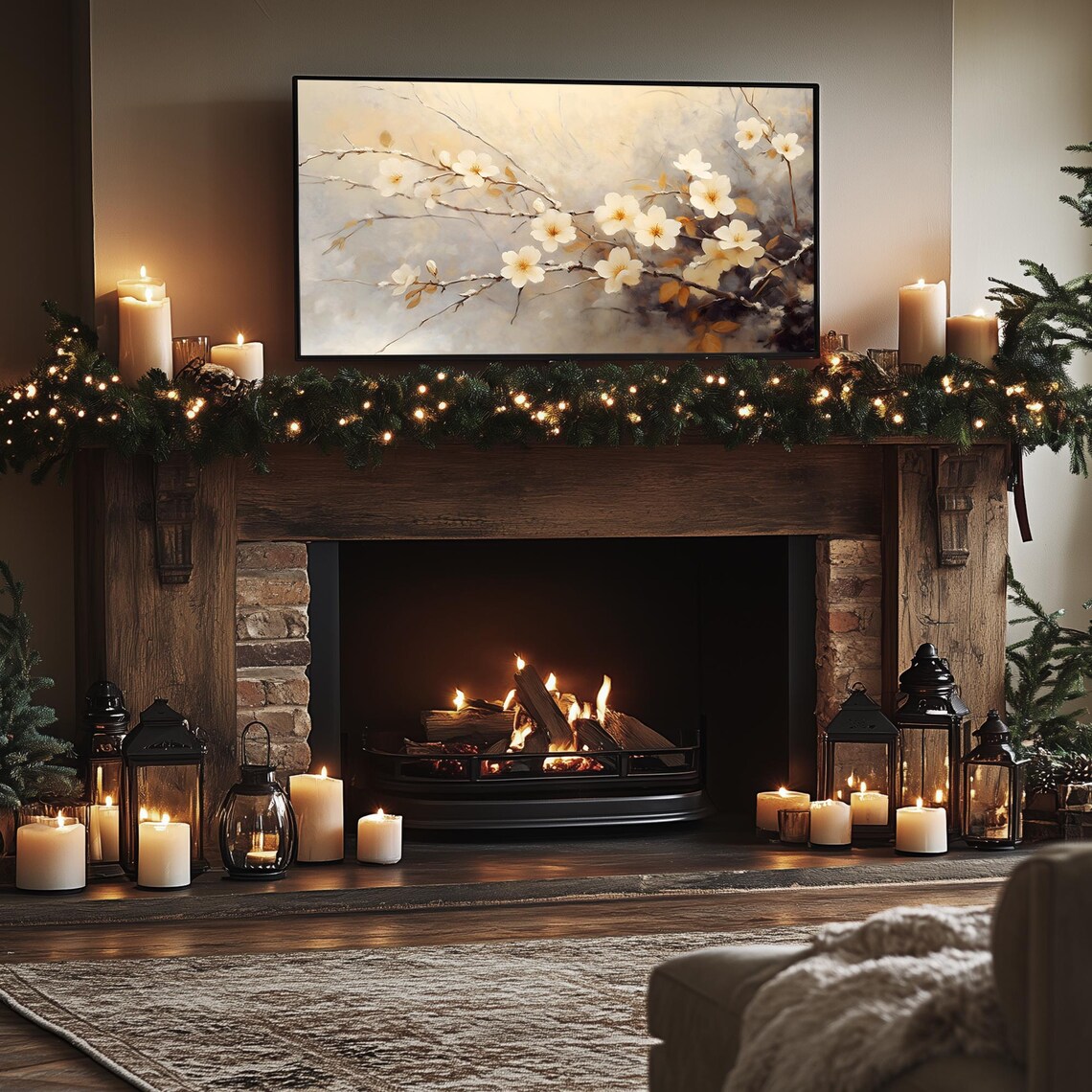 White Winter Blossoms Delicate Floral Branches Painting Frame TV Poster - Image 2