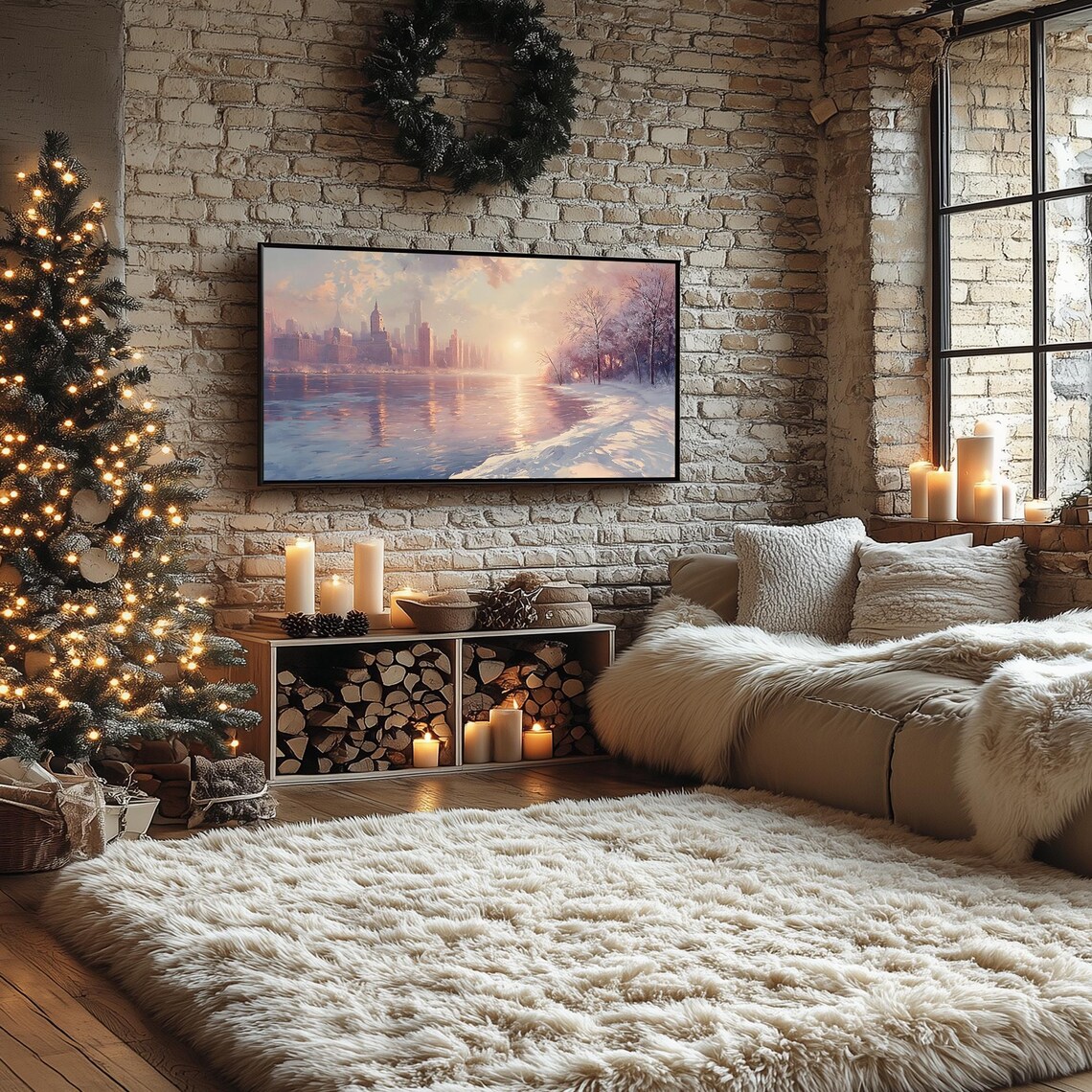 Sunrise Over Snowy City River Winter Landscape Painting Frame TV Poster - Image 2