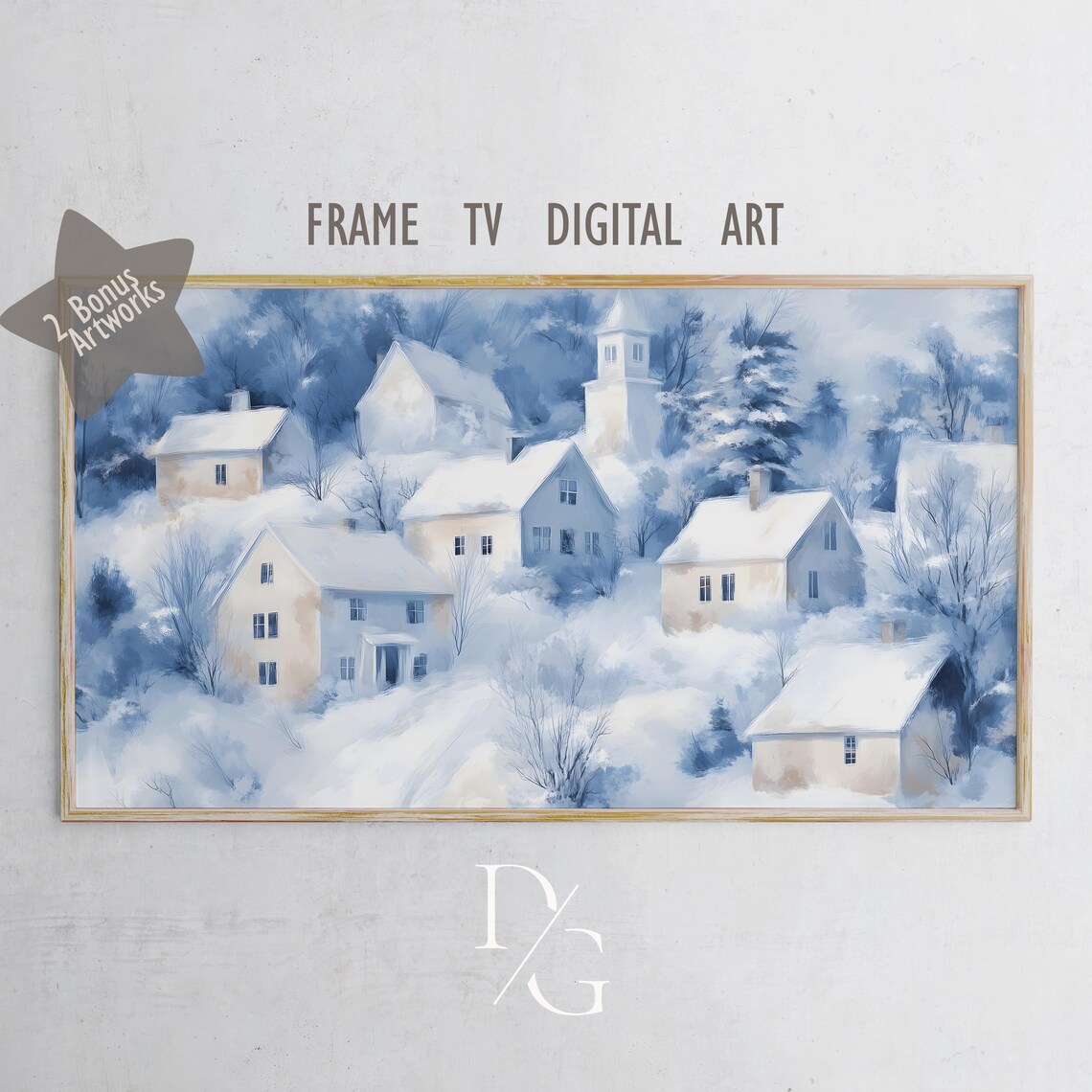Snowy Blue Village with Church Winter Watercolor Holiday Poster