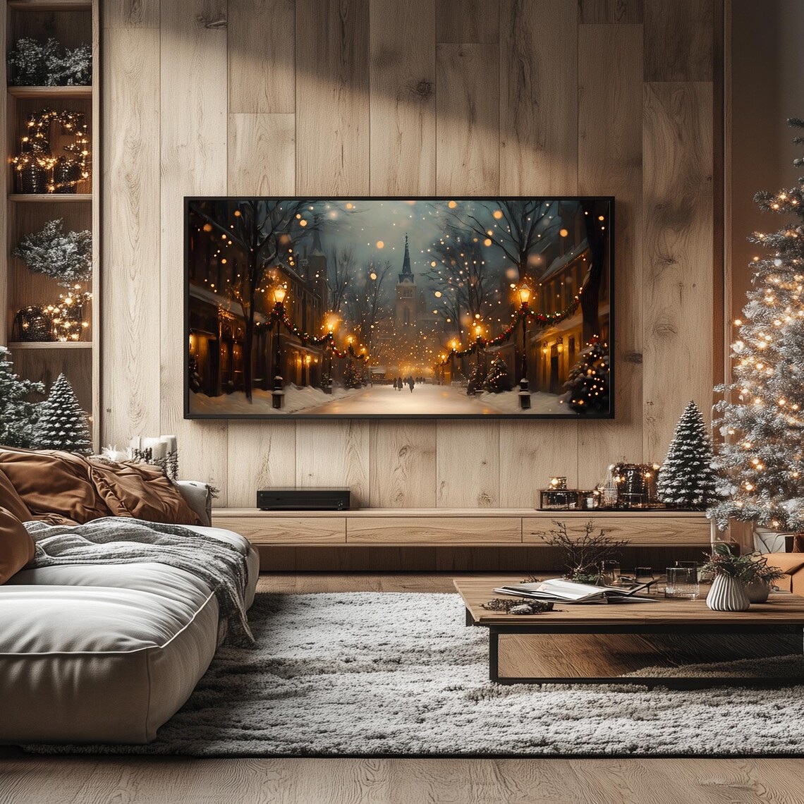 Magical Night Time Winter Street Snowy Town Lantern Glow Frame TV Poster - Image 4