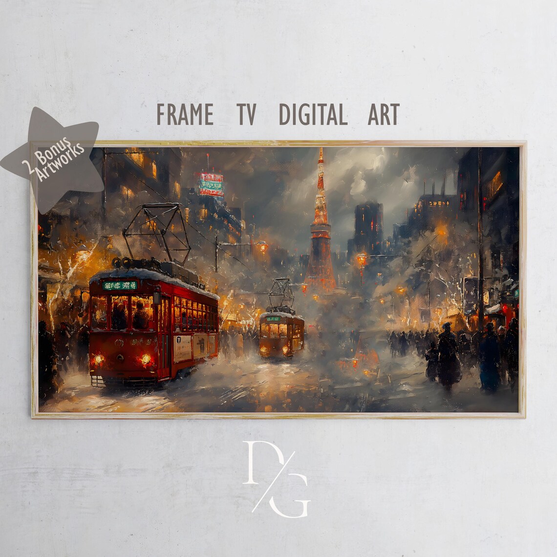 Winter in Tokyo Vintage Street Trams Snowy Tokyo Tower Frame TV Poster