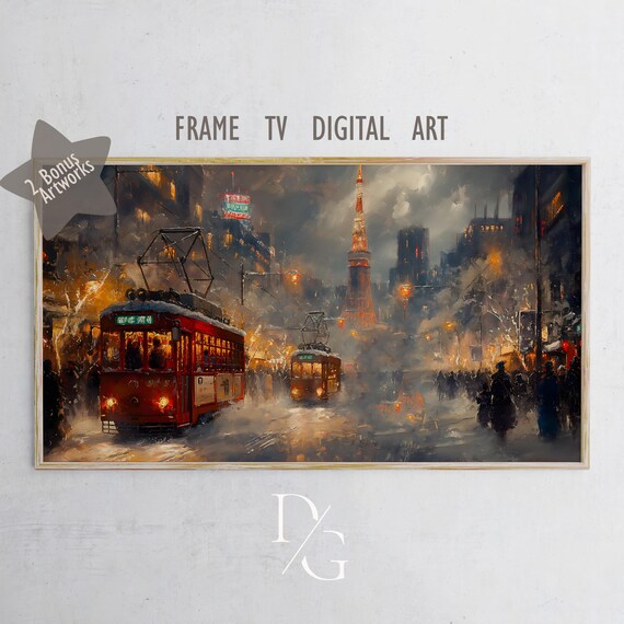 Winter in Tokyo Vintage Street Trams Snowy Tokyo Tower Frame TV Poster