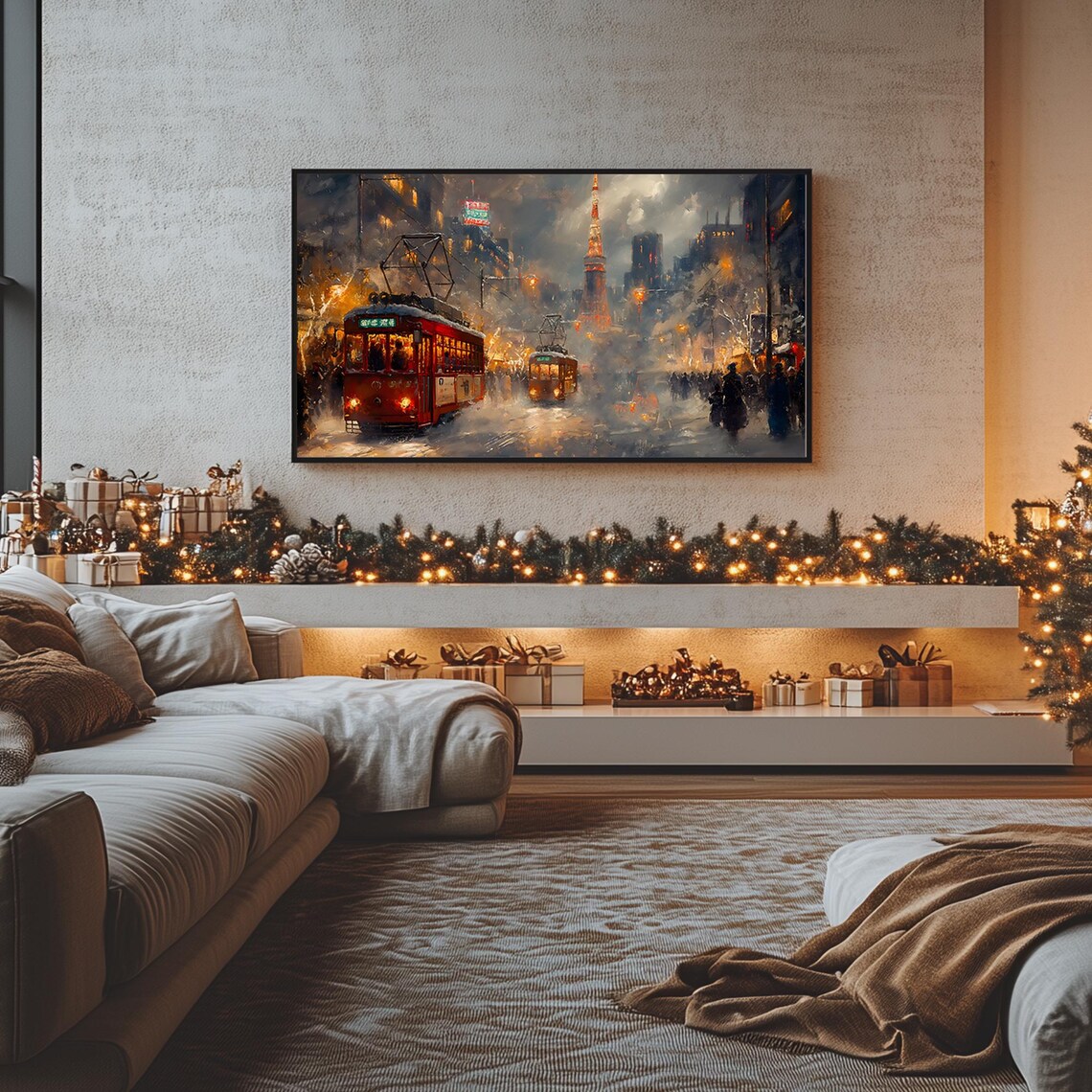 Winter in Tokyo Vintage Street Trams Snowy Tokyo Tower Frame TV Poster - Image 3