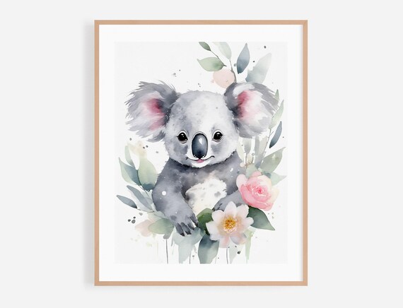 Cute Baby Koala Watercolor Nursery Portrait With Pink Flowers Poster