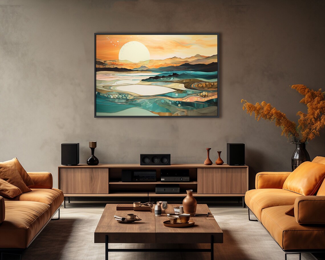 Abstract Nature Inspired Landscape Wall Art Print Surreal Teal Brown Beige Orange Artwork Boho Poster Print Earth Tones Home Decor Art - Image 3