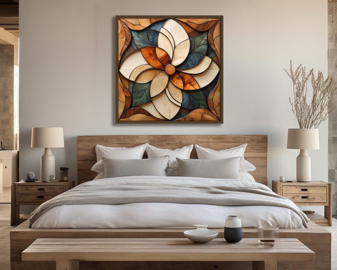 Wooden Inlay Pinwheel Flower Teal Natural Wood Rustic Artisan Poster - Image 2