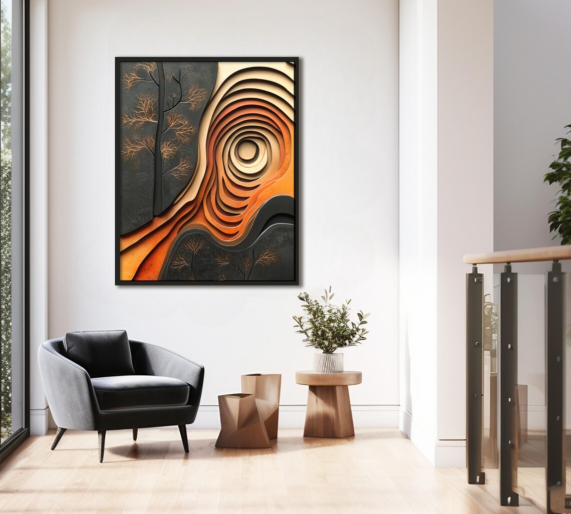 Carved Wood Swirl Orange Black Vortex Golden Trees Artisan Poster - Image 2