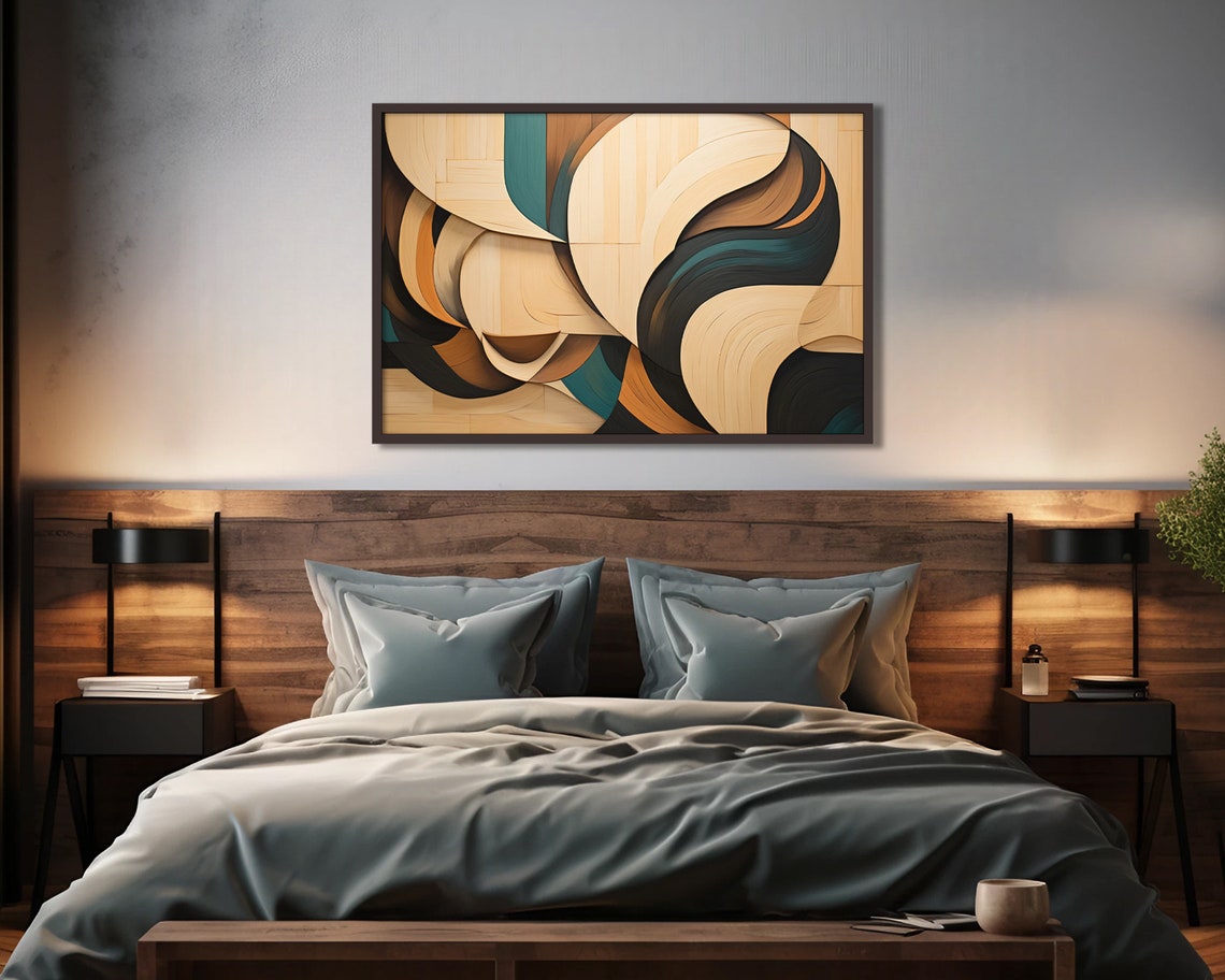 Wood Look Curved Panels Brown Teal Abstract Sculptural Wall Art Poster - Image 3