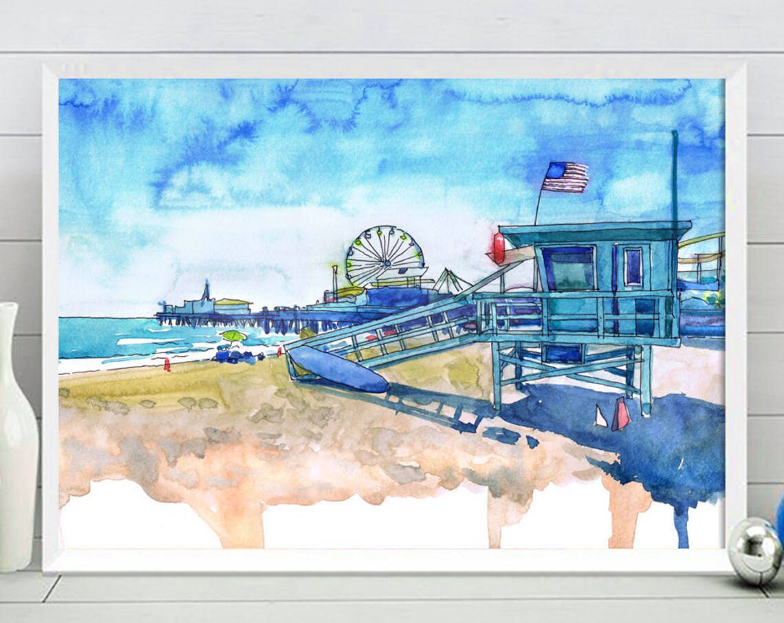 Santa Monica Watercolor Beach Travel Poster