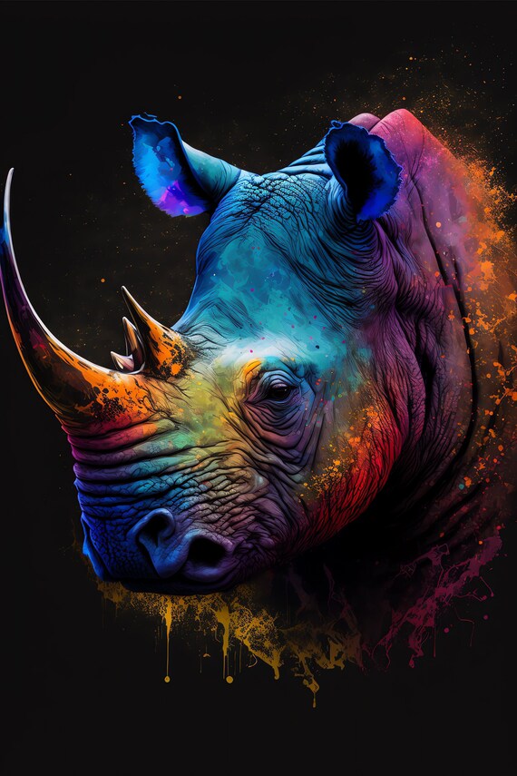 Rhino Portrait in Blue Purple and Orange Neon Splash Wildlife Poster