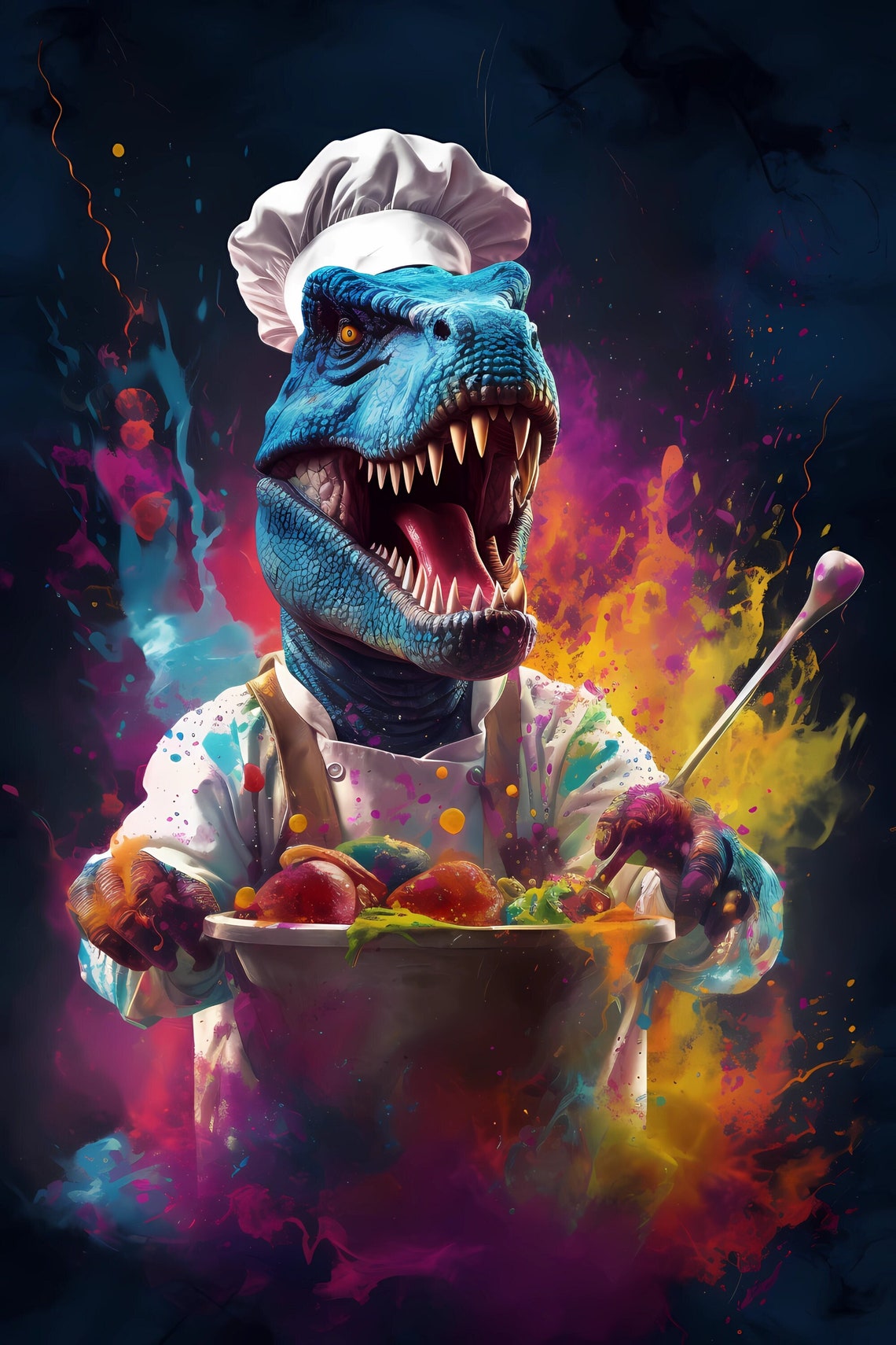 T Rex Chef in White Hat Holding Bowl Fun Blue Dinosaur Kitchen Poster