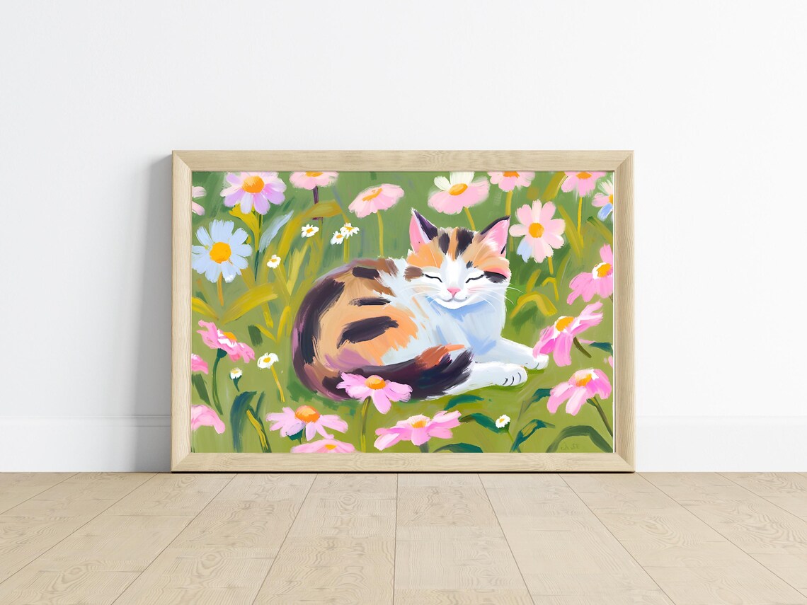 Tabby Kitten Art Print, Daisy Field Illustration