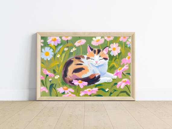 Tabby Kitten Art Print, Daisy Field Illustration