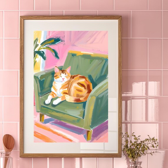 Orange Tabby Cat Sleeping In Chair, Cute Cat Decor