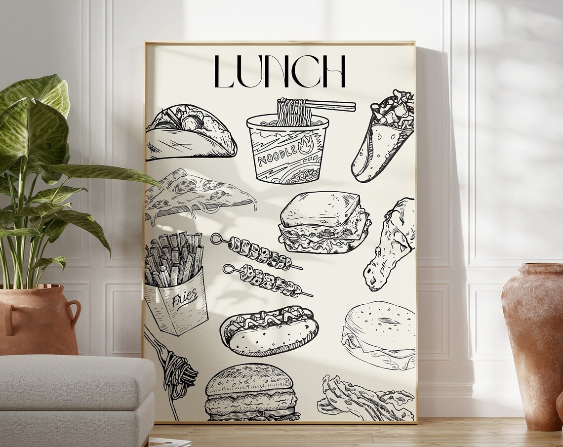 Lunch Food Sketch Black Line Art Kitchen Decor Cafe Menu Poster