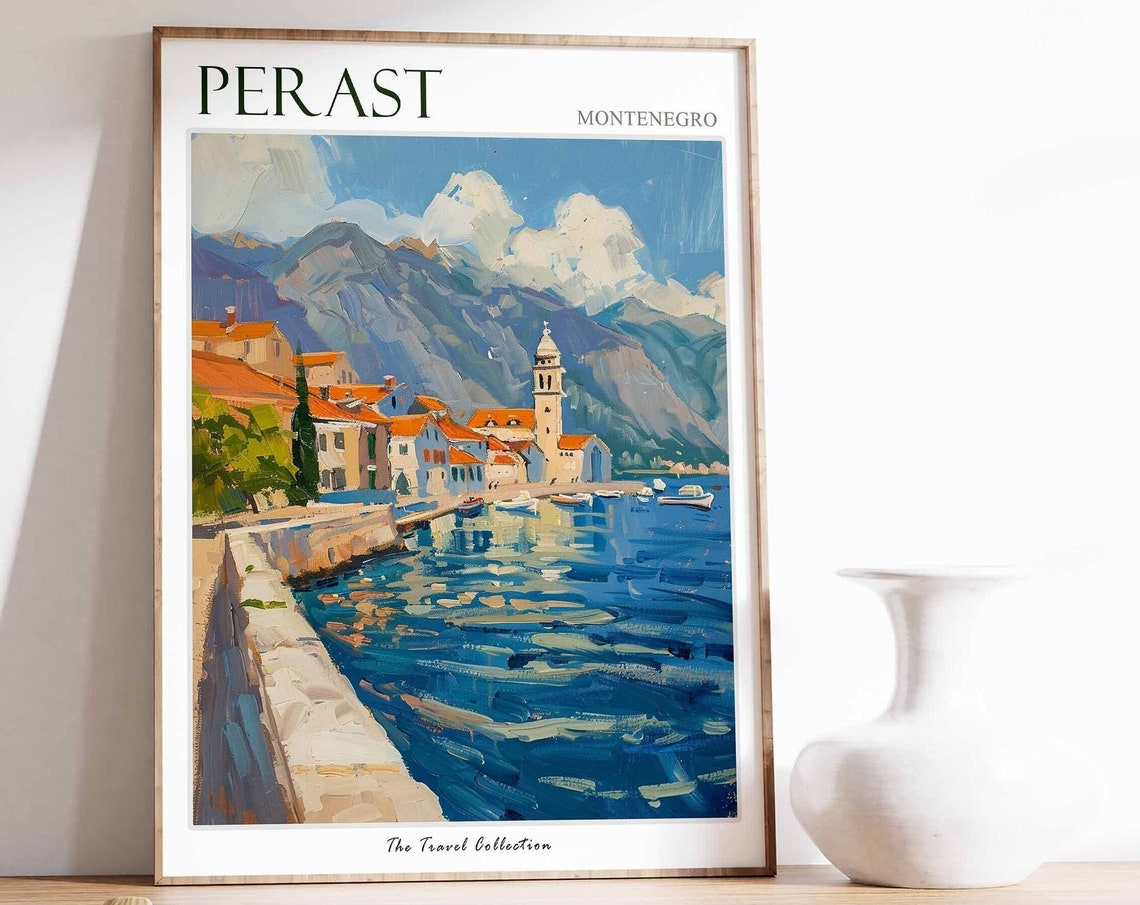 Perast Montenegro Harbor Boats Waterfront Old Town Painting Poster