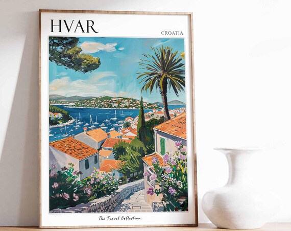 Hvar Croatia Island Old Town Harbor Palm Trees Travel Poster