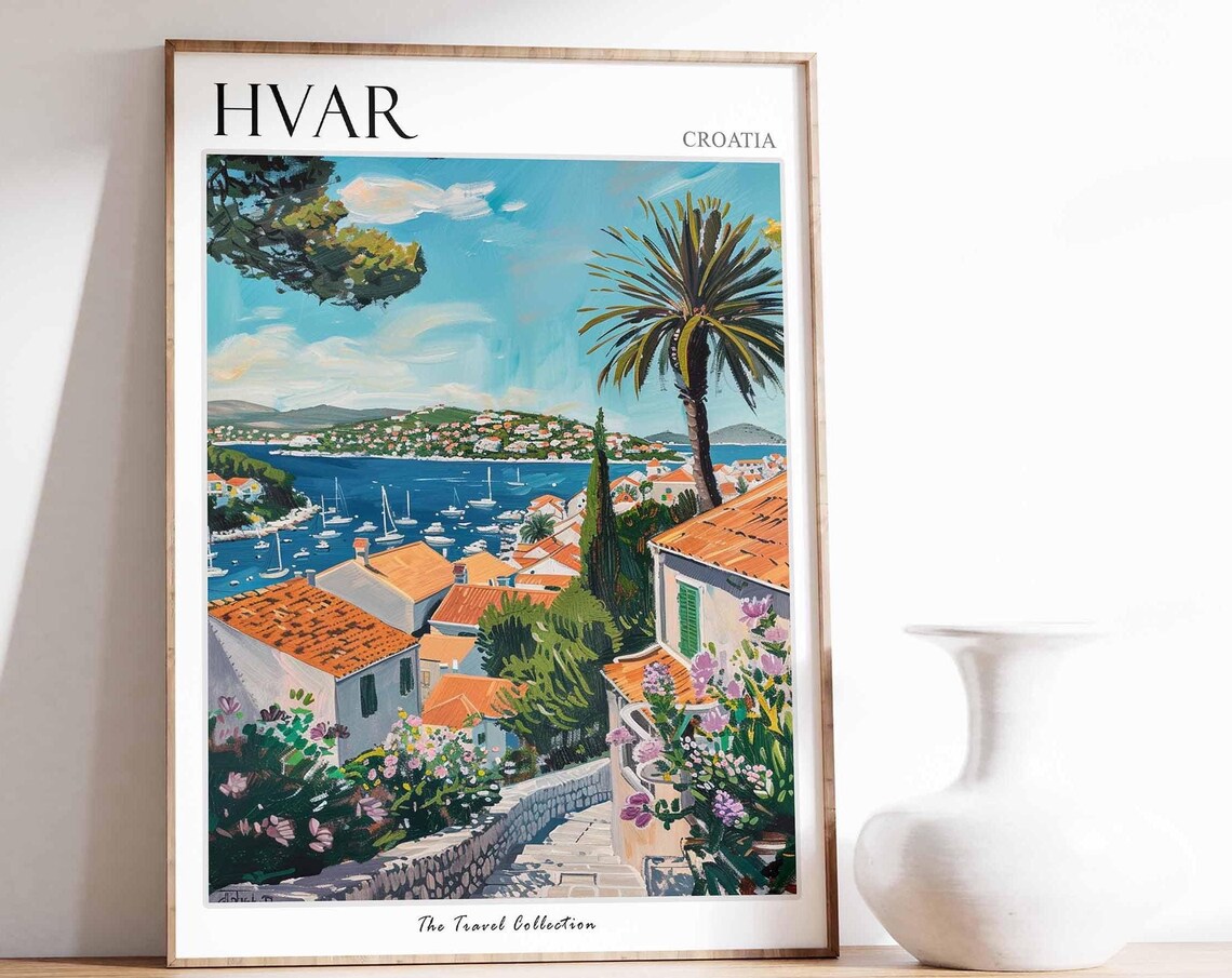 Hvar Croatia Island Old Town Harbor Palm Trees Travel Poster