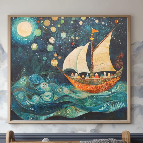 Whimsical Sailboat Moonlit Waves Fantasy Night Voyage Art Poster