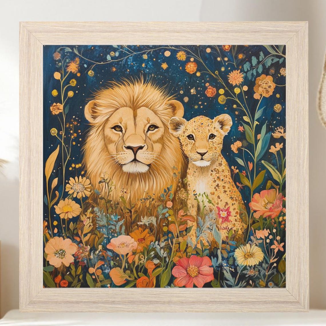 Boho Lion and Cub Among Night Blooms Whimsical Nursery Art Print