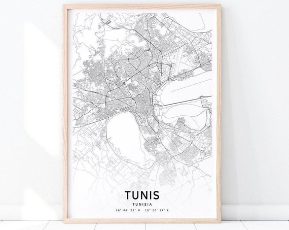 Tunis Map Print Art Poster Tunisia City Street Black White Modern Wall Office Decor