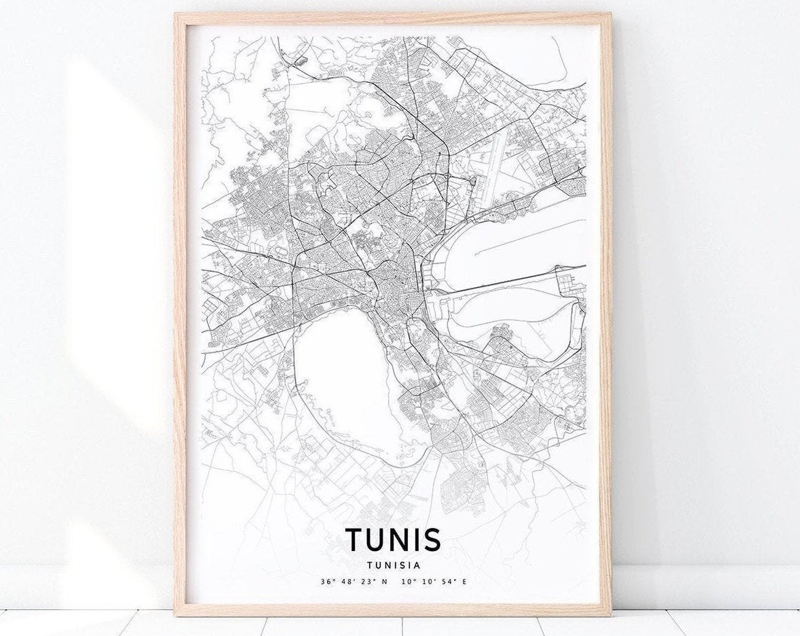 Tunis Map Print Art Poster Tunisia City Street Black White Modern Wall Office Decor