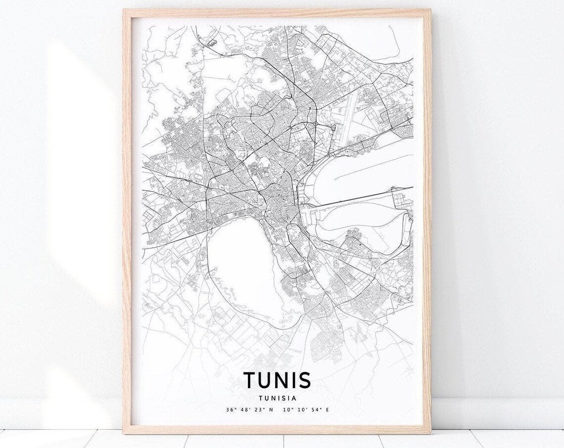 Tunis Tunisia City Street Map Modern Minimalist Black White Art Poster