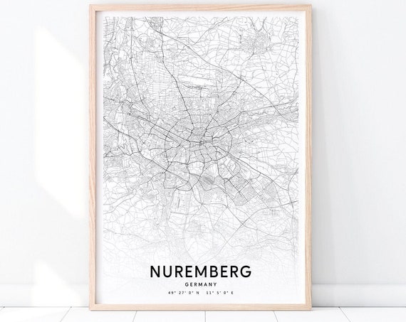 Nuremberg Map Art Print Street Poster Germany Black White Modern Wall Home Office Decor