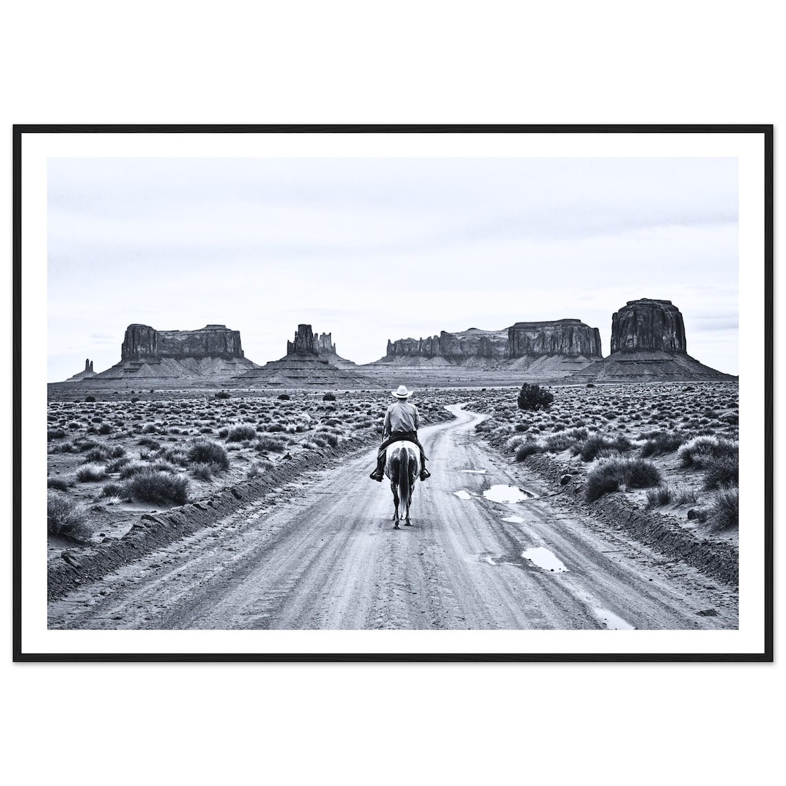 Black And White Cowboy Horseback Monument Valley Desert Photo Print