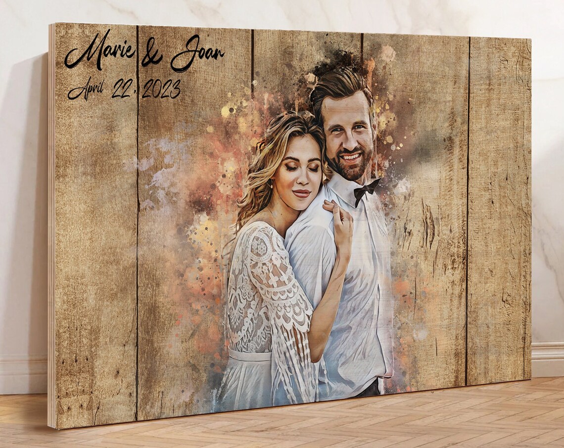 Marie and Joan Rustic Plank Wedding Couple Portrait Watercolor Poster
